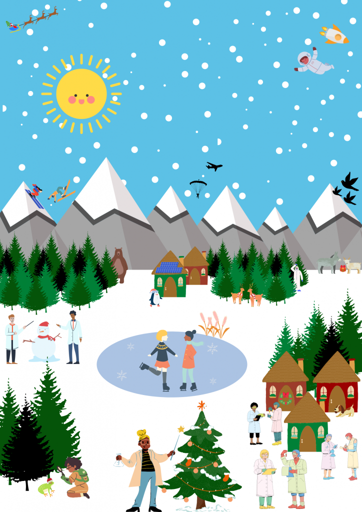 A cartoonimage showing a wintery scene with mountains, snow, trees, animals and a variety of scientists playing and having fun.