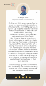 Testimonial from Dr. Tripti Joshi, VigyanShaala International, praising Pranoti Kshirsagar and The Science Talk for inspiring STEM students through the Speak-Up Kalpana initiative focused on female science communicators.