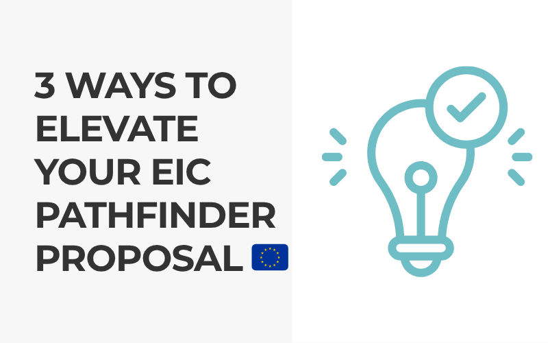 Illustration with bold text reading “3 Ways to Elevate EIC Pathfinder Challenges Proposal” and a blue lightbulb icon symbolizing innovation and strategic thinking.