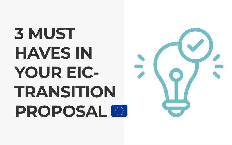 Text graphic showing “3 Must-Haves in Your EIC-Transition Proposal” with a lightbulb icon representing innovation and strategy ✅ Why it matters: Alt text should clearly describe the image, including text within the graphic, and convey purpose (e.g. idea, communication, strategy).