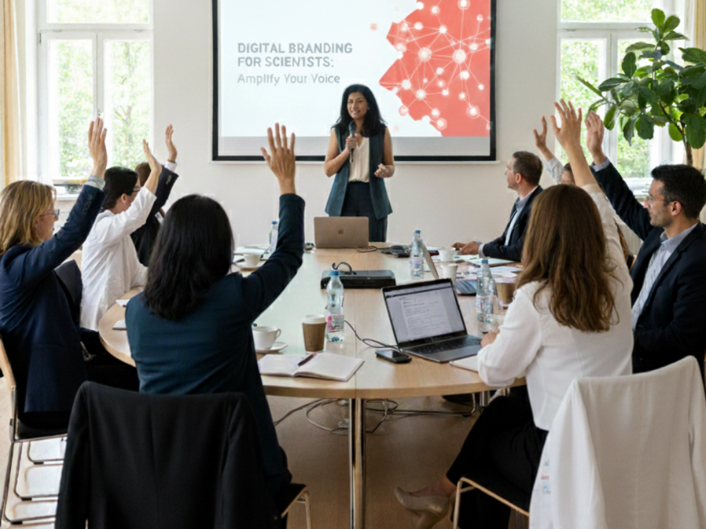 personal-branding-training-scientists-interactive-workshop-europe.jpg Dr. Pranoti Kshirsagar leading an interactive 90-minute personal branding session for scientists, with participants raising their hands during discussion.