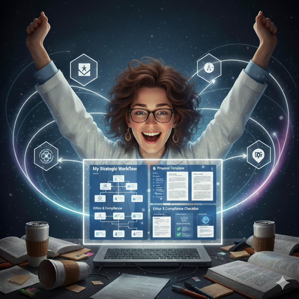 GenAI Workshop Deliverables - Strategic Workflow Templates Ethics Compliance Checklist Research Proposal System Setup Excited female researcher with arms raised in celebration, laptop displaying strategic workflow diagrams, proposal templates, and ethics compliance checklists from GenAI workshop deliverables, surrounded by 4 hexagonal AI platform icons