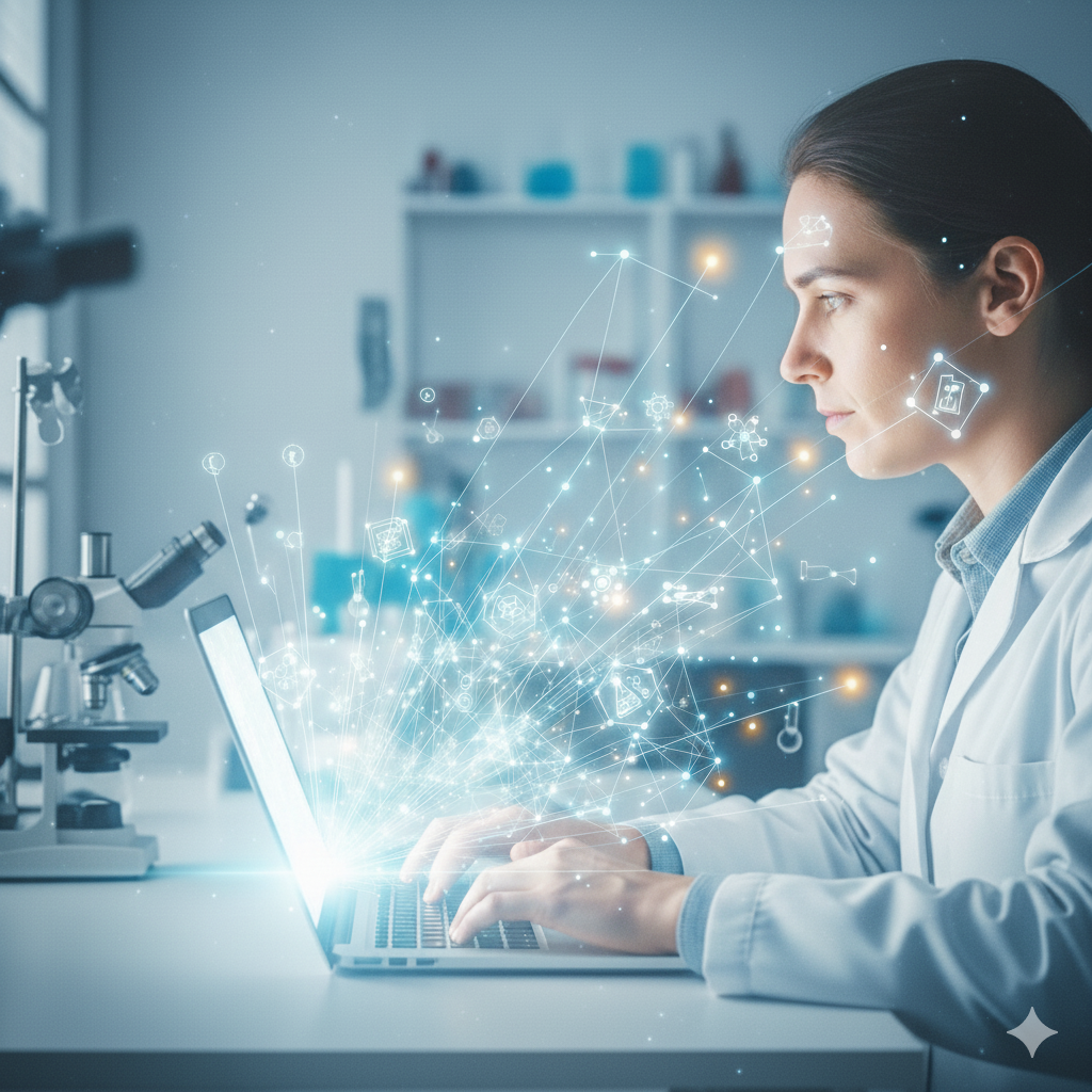 Scientist Using Digital Platforms for Personal Branding Training – The Science Talk Scientist working on a laptop in a lab with digital network graphics symbolizing personal branding, science communication, and online visibility.