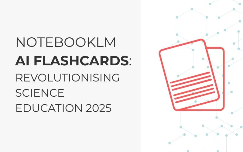 NotebookLM AI flashcards feature with red digital flashcard icons on network background representing revolutionising science education 2025