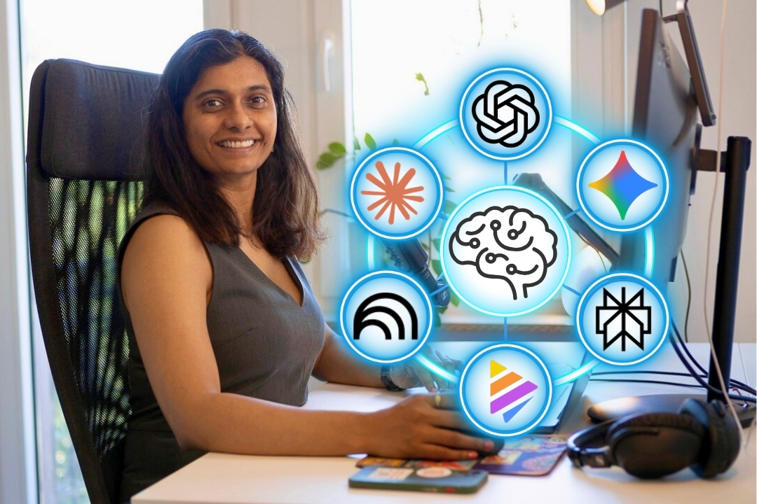 strategic-6-platform-ai-research-proposal-system-integration Professional woman at desk with laptop surrounded by glowing blue network of 6 AI platform icons (ChatGPT, Claude, Gemini, Perplexity, NotebookLM, NapkinAI) connected to central brain icon representing strategic AI integration system for research proposals