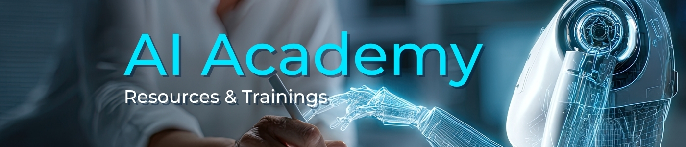 AI Academy Resources & Trainings banner featuring futuristic artificial intelligence technology and robotic hand imagery - The Science Talk